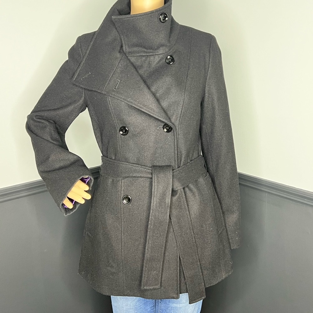 Calvin Klein Winter Charcoal Black Wool Blend Coat SZ 4 Double Breasted